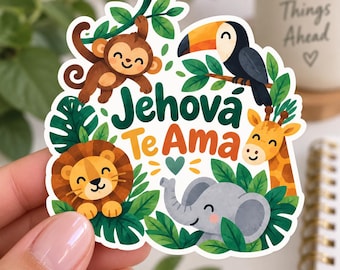 May include: A die-cut sticker featuring a cartoon monkey, toucan, lion, giraffe, and elephant surrounded by green leaves. The text "Jehová Te Ama" is printed in the center in dark green and orange, accompanied by a small green heart icon.