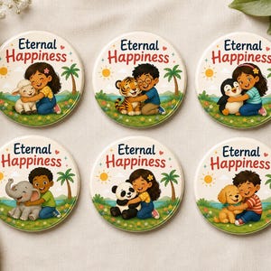 May include: Six circular buttons featuring the text Eternal Happiness and illustrations of children hugging various animals including a lamb, tiger, penguin, elephant, panda, and puppy, set against a sunny landscape with palm trees and flowers.