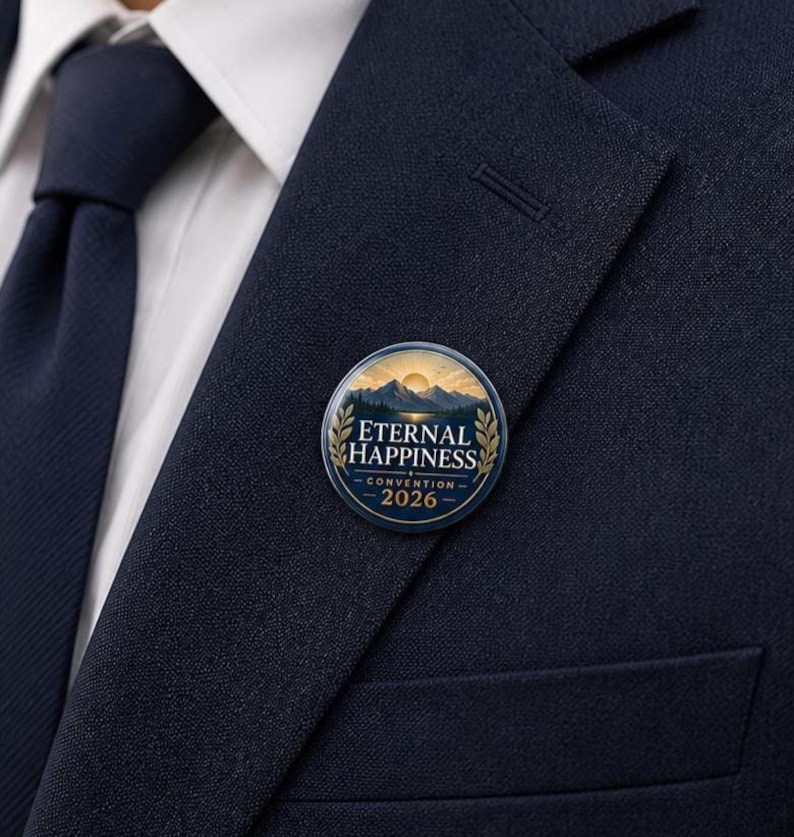 May include: A circular pinback button featuring a mountain landscape at sunset with the text ETERNAL HAPPINESS CONVENTION 2026. The design includes golden laurel branches on the sides and is pinned to the lapel of a dark navy blue suit jacket.