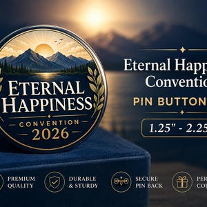 Puede incluir: Un pin redondo con un paisaje de monta&ntilde;a al atardecer y el texto Eternal Happiness Convention 2026. El pin muestra ramas de laurel doradas y est&aacute; disponible en tama&ntilde;os de 3,17 cm a 5,71 cm, destacando su calidad superior.