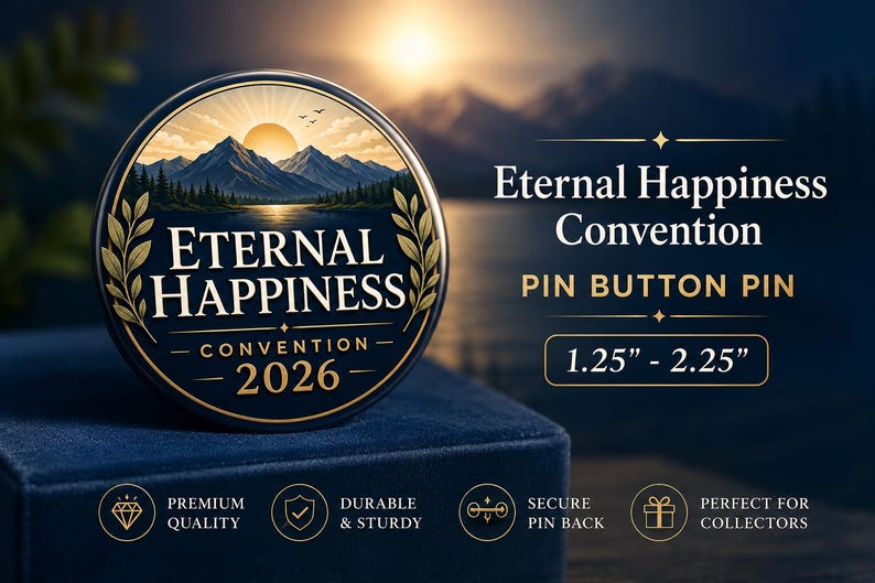 Puede incluir: Un pin redondo con un paisaje de monta&ntilde;a al atardecer y el texto Eternal Happiness Convention 2026. El pin muestra ramas de laurel doradas y est&aacute; disponible en tama&ntilde;os de 3,17 cm a 5,71 cm, destacando su calidad superior.