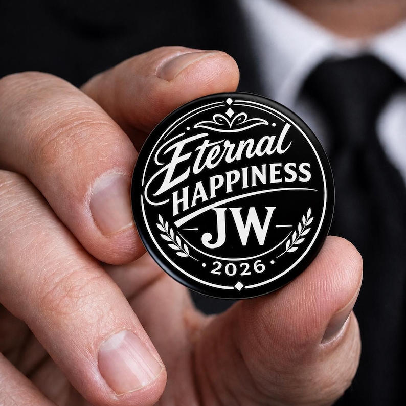 May include: A circular black pin-back button featuring white text that reads Eternal HAPPINESS JW 2026. The design includes a decorative border with stylized laurel leaves and geometric accents, creating a clean, high-contrast graphic appearance.