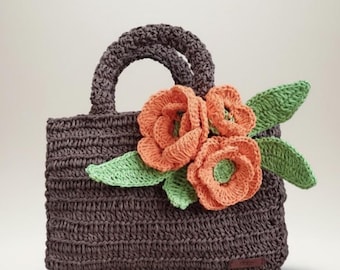Brown Raffia Bag with 3D Orange Flower, Woven Crochet Tote