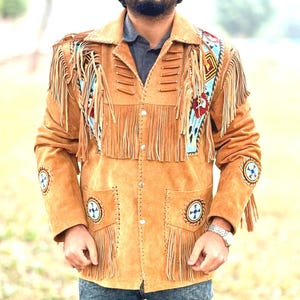 Veste en daim à franges pour hommes | Manteau à pampilles de cow-boy en perles indigènes, tenue de festival bohème