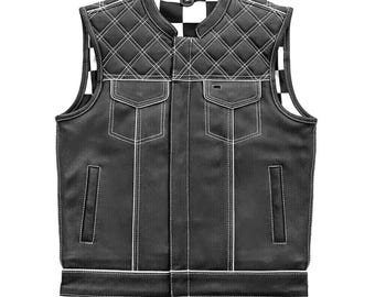 Men’s Black Leather Waistcoat, American Diamond Style Front