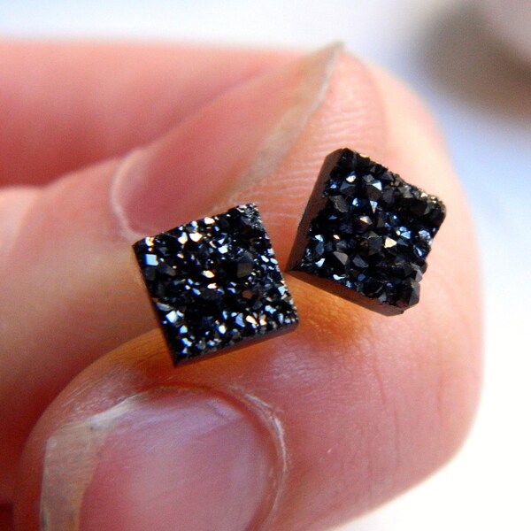 Mini Midnight Black Square Titanium Drusy / Druzy Quartz Studs on Sterling Silver posts Earrings