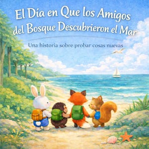 May include: A children's book cover with the title "El Día en Que los Amigos del Bosque Descubrieron el Mar" and the subtitle "Una historia sobre probar cosas nuevas." The illustration shows four animal friends walking towards the ocean.