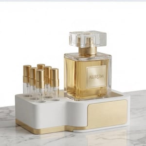 May include: A perfume bottle and sample vials are arranged in a white and gold organiser. The perfume bottle is square with a clear, faceted top and the word "AURUM" on the label. The sample vials have gold caps.