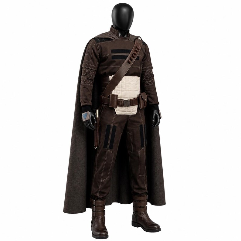May include: A dark brown costume set featuring a long cape, a long-sleeved top with black horizontal stripes, and matching trousers. The outfit includes a cream-colored waist panel, a brown utility belt with pouches, and brown buckled boots.