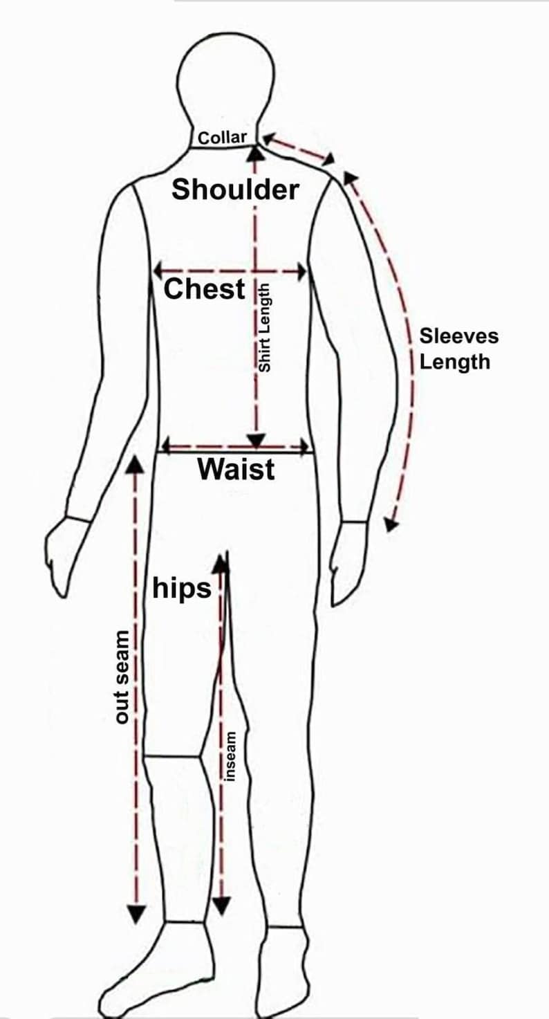May include: A black and white line drawing of a human silhouette showing measurement points for clothing. Labels include Collar, Shoulder, Chest, Shirt Length, Sleeves Length, Waist, Hips, out seam, and inseam with red dashed indicator lines.