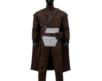 Din Djarin Mandalorian Flight Suit Costume, Brown Undersuit with Leather Holster Belt, Star Wars Bounty Hunter Cosplay Outfit