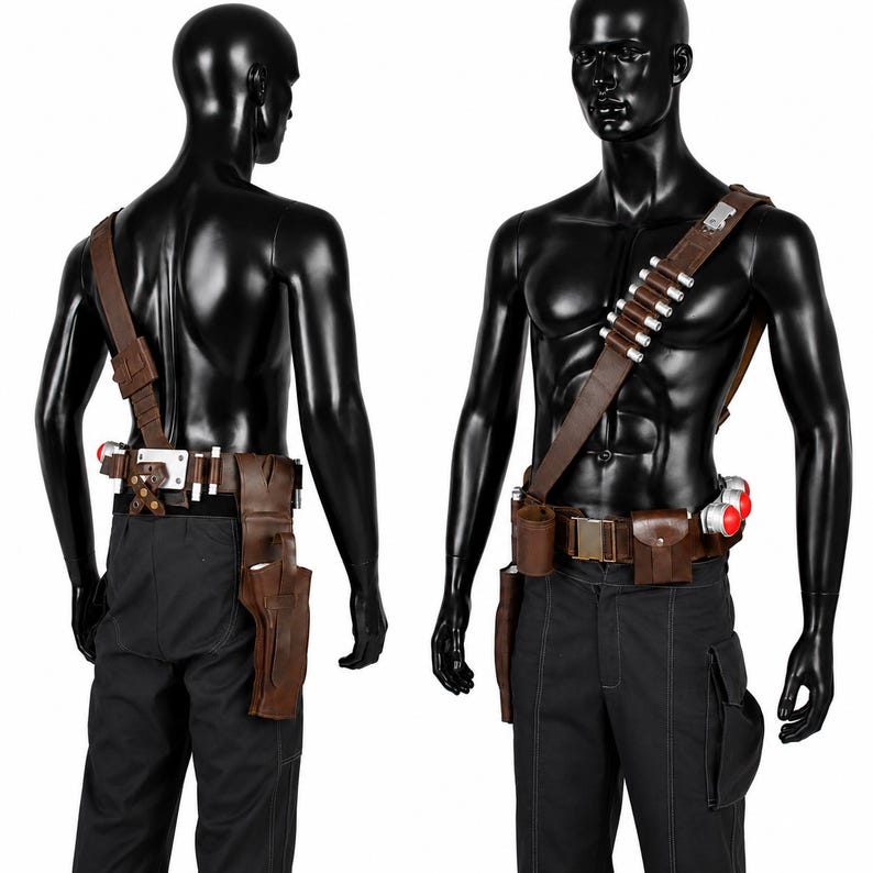 May include: A brown leather utility belt and shoulder strap set worn by a mannequin. The gear includes a holster, a small pouch, a series of silver cylindrical cartridges on the strap, and three prominent red circular components on the belt.
