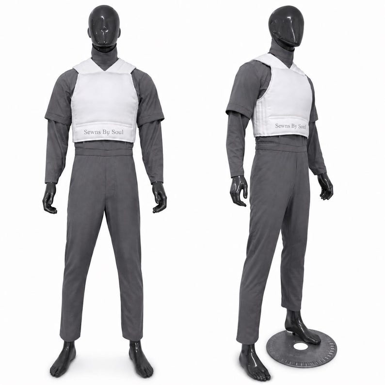 K&ouml;nnte beinhalten: Ein dunkelgrauer Jumpsuit mit hochgeschlossenem Oberteil, kurzen &Auml;rmeln und langer Hose. Dar&uuml;ber wird eine wei&szlig;e, gepolsterte, &auml;rmellose Weste getragen, die auf der Vorderseite im Brustbereich den grauen Schriftzug Sewns By Soul aufweist.