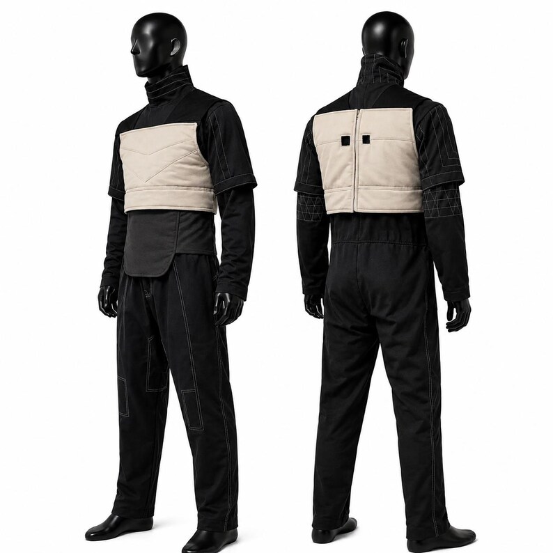 May include: A black jumpsuit featuring a high collar, short sleeves, and long trousers with white contrast stitching. A beige, quilted, rectangular chest plate is worn over the torso, secured with a vertical zip closure on the back panel.