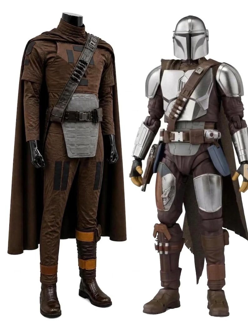 May include: A brown fabric costume with a cape, utility belt, and leg guards displayed on a mannequin, positioned next to a full-body action figure of a armored character wearing a metallic silver helmet, chest plate, and shoulder pauldrons.