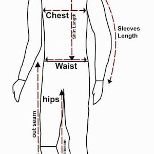 Op de afbeelding: Een zwart-witte lijntekening van een menselijk silhouet met meetpunten voor kleding. Labels zijn onder andere Collar, Shoulder, Chest, Shirt Length, Sleeves Length, Waist, Hips, out seam en inseam met rode stippellijnen als indicatoren.