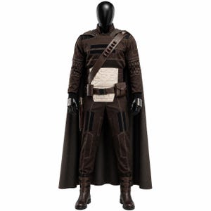 May include: A dark brown costume set featuring a long cape, a long-sleeved top with geometric sleeve patterns, and matching trousers. The outfit includes a cream-colored chest panel, a utility belt with pouches, a shoulder strap, and brown boots.