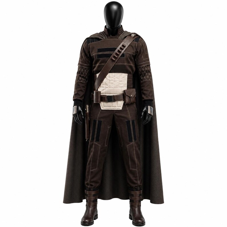 May include: A dark brown costume set featuring a long cape, a long-sleeved top with geometric sleeve patterns, and matching trousers. The outfit includes a cream-colored chest panel, a utility belt with pouches, a shoulder strap, and brown boots.