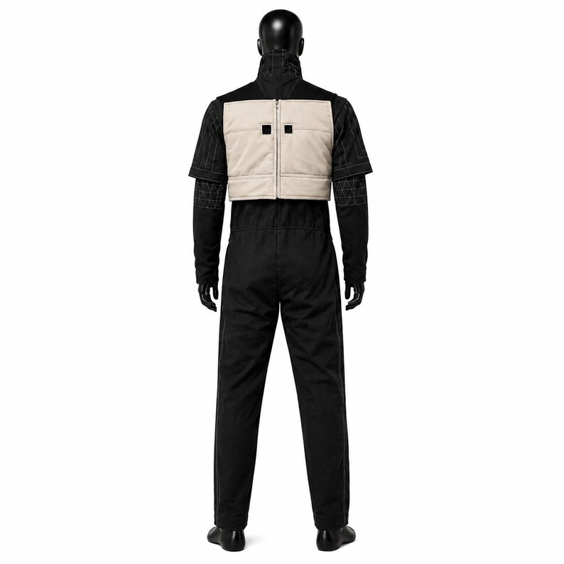May include: A black jumpsuit featuring a high collar and short sleeves with white geometric stitching patterns. A beige, rectangular, padded vest is worn over the torso, secured with a central vertical zip and two small black square accents.