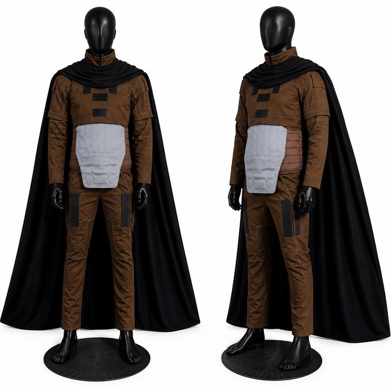 May include: A brown long-sleeved shirt and matching pants costume set featuring a black cape, a light gray abdominal armor piece, and black rectangular accents on the chest and legs, displayed on a black mannequin in front and side views.