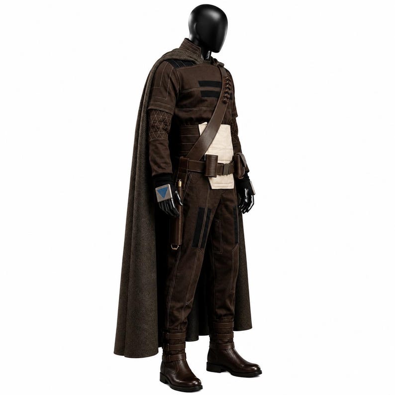 May include: A brown costume set featuring a long cape, a textured long-sleeve top with geometric patterns, dark trousers with stitched detailing, a cream-colored waist panel, a utility belt with pouches, black gloves with blue accents, and brown boots.
