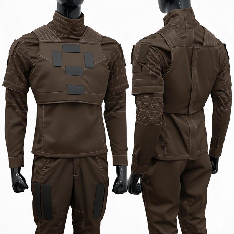 Pu&ograve; includere: Un set di uniforme tattica marrone composto da una maglia a maniche lunghe con colletto alto, una piastra pettorale strutturata con toppe nere rettangolari e pantaloni abbinati. Il capo presenta cuciture bianche a contrasto e motivi geometrici.