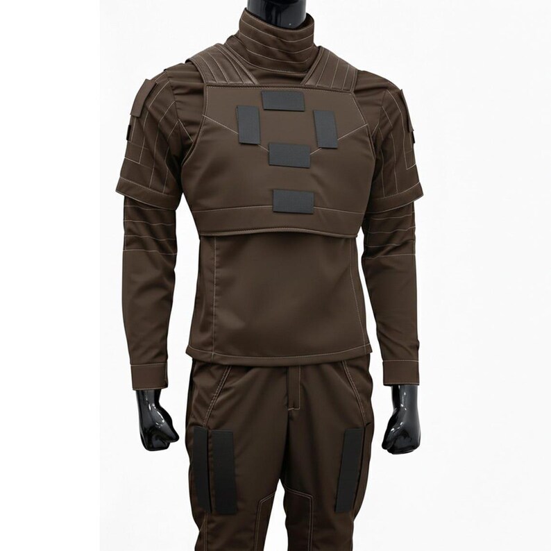 Pu&ograve; includere: Un set di uniforme tattica marrone composto da una maglia a maniche lunghe con collo alto, una pettorina con inserti neri rettangolari e pantaloni abbinati. Il capo presenta cuciture bianche a contrasto e ulteriori dettagli neri rettangolari.