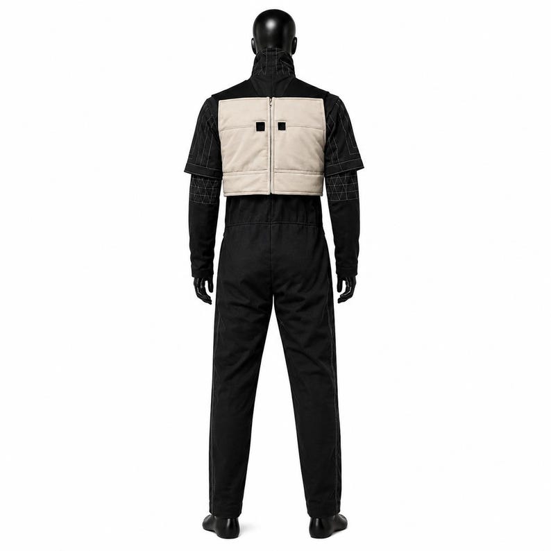 May include: A black jumpsuit featuring a high collar and short sleeves with white geometric stitching patterns. A beige, rectangular, padded vest is worn over the torso, secured with a central vertical zip and two small black square accents.