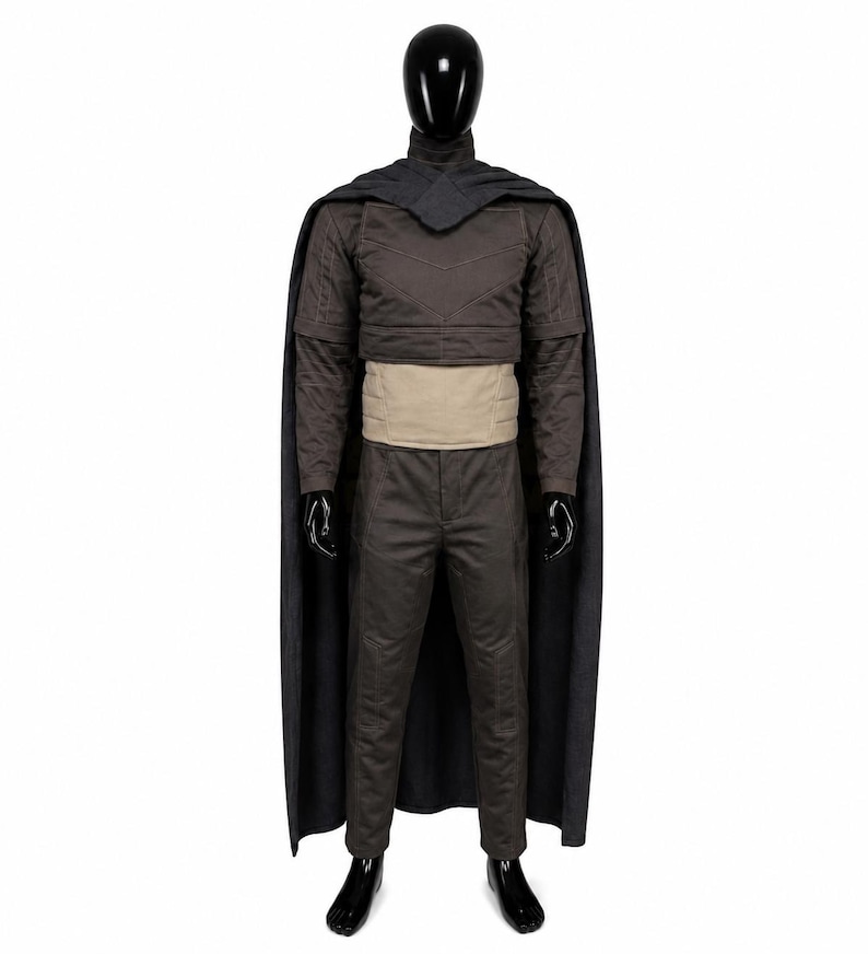 May include: A dark brown long-sleeved top with a high collar and chevron detailing, paired with matching dark brown trousers. A wide, light beige waist belt sits above the trousers. A long, dark gray cape drapes over the shoulders and back.