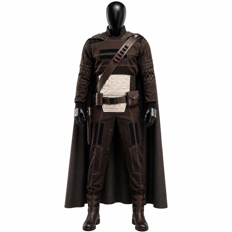 May include: A dark brown costume set on a mannequin, featuring a long cape, a long-sleeved top with geometric sleeve patterns, a cream-colored quilted midsection, a utility belt with pouches, dark trousers, and brown boots with buckle straps.