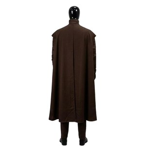 May include: A dark brown floor-length cape with a high collar worn over a matching long-sleeved garment and trousers. The cape features a vertical center seam and structured shoulders, displayed on a black mannequin against a white background.