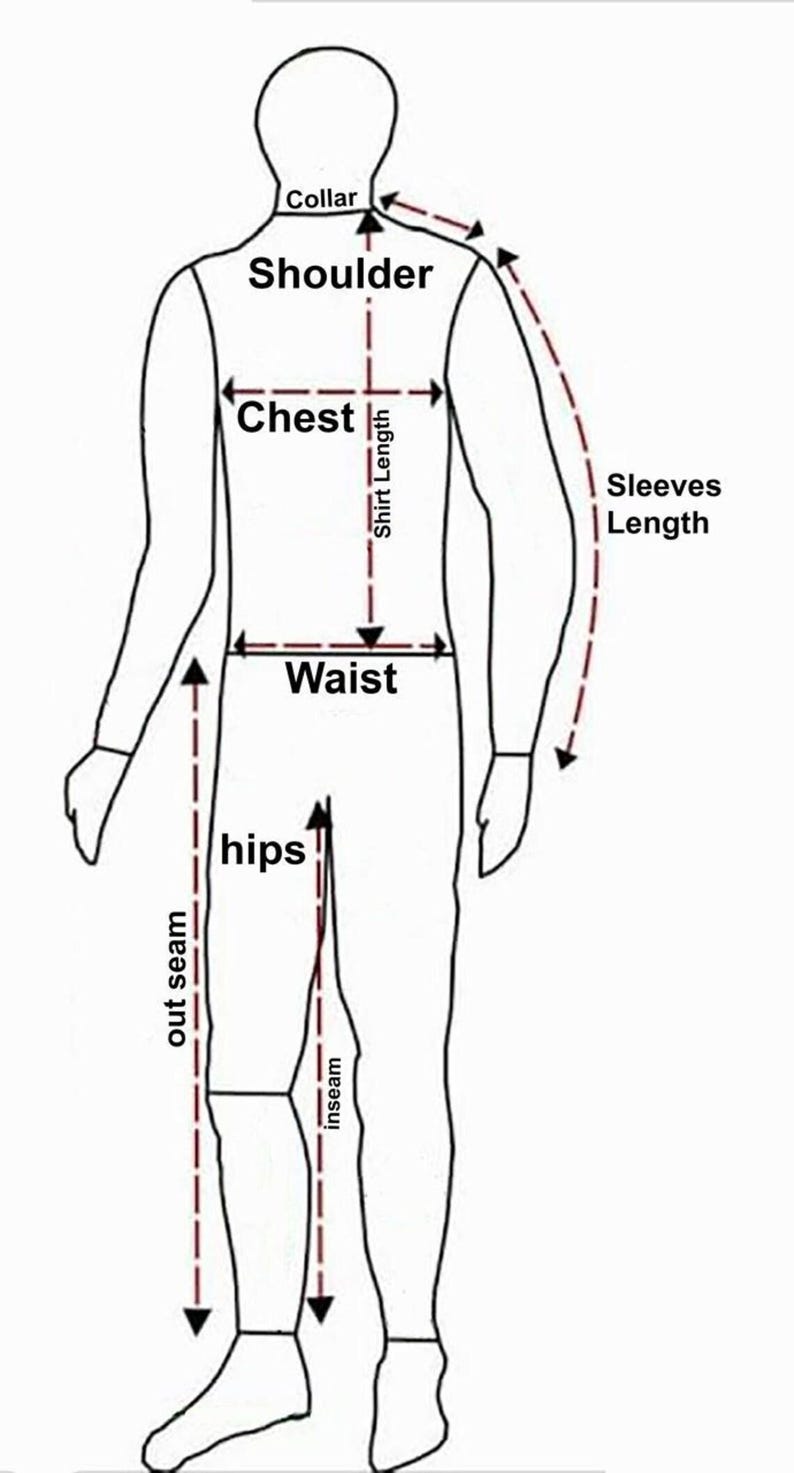 May include: A black and white line drawing of a human silhouette showing measurement points for clothing. Labels include Collar, Shoulder, Chest, Shirt Length, Sleeves Length, Waist, Hips, out seam, and inseam with red dashed indicator lines.