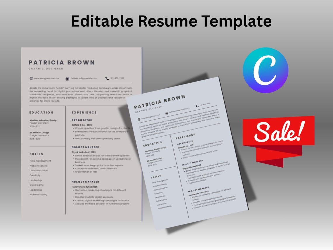 Editable Resume Template Canva, ATS Friendly Professional CV (instant ...