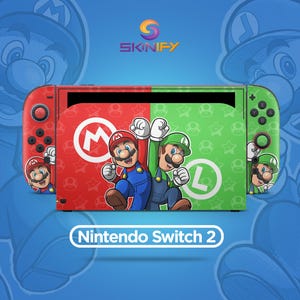 May include: A Nintendo Switch 2 console skin featuring a split red and green design with Mario and Luigi characters. The left side is red with a white M logo, and the right side is green with a white L logo. The skin includes matching controller decals.