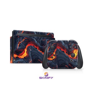 May include: A Nintendo Switch console and controllers with a lava-inspired design. The skin features a swirling pattern of dark blue, black, and fiery orange, creating a volcanic aesthetic. The Skinify logo is visible at the bottom.