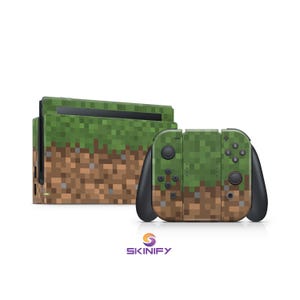 May include: A Nintendo Switch console and controllers with a pixelated design, featuring green, brown, and tan blocks. The controllers have black grips and buttons. The design is reminiscent of a video game. The Skinify logo is at the bottom of the image.
