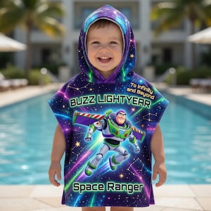 May include: A child's hooded towel with a Buzz Lightyear design. The towel is predominantly purple with a space theme, a Buzz Lightyear graphic, and the phrases "Buzz Lightyear", "To Infinity and Beyond", and "Space Ranger".