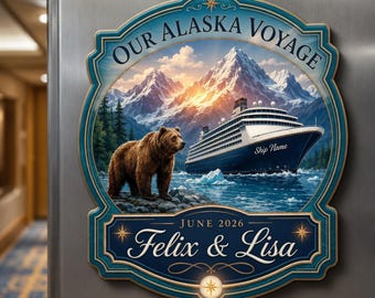Personalized Alaska Cruise Door Magnet 2026, Custom Couple Voyage Keepsake, Bear Cabin Door Decor, Travel Souvenir