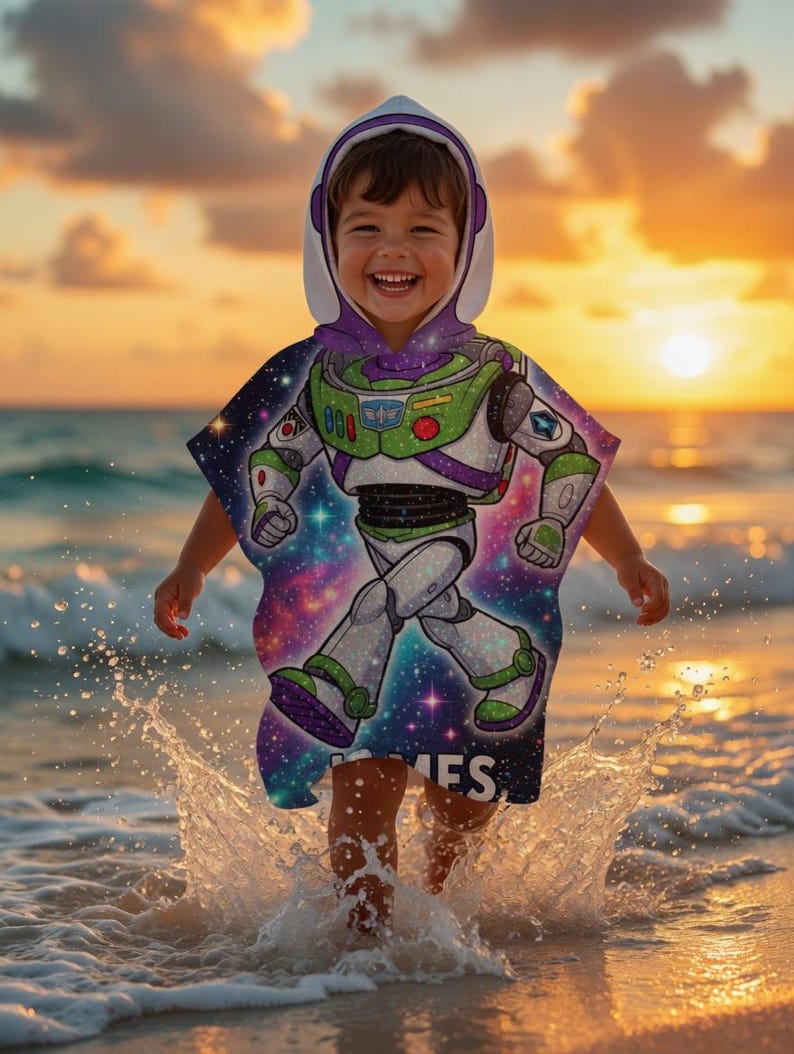 May include: A child wearing a hooded beach towel featuring a Buzz Lightyear design, running through the ocean water. The towel has a white hood and a colorful graphic of the character. The background shows a sunset over the ocean.