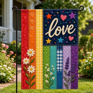 Könnte beinhalten: Eine farbenfrohe Gartenflagge mit Regenbogenmuster und dem Wort "love". Die Flagge zeigt Gänseblümchen, Herzen, Sterne und Lavendel. Die Flagge wird auf einem schwarzen Metallständer in einem Garten gezeigt.