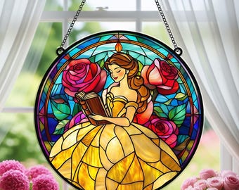 Stained Glass Belle Suncatcher, Beauty and the Beast Window Hanging, Disney Princess Decor, Rose Art Gift, Fairytale Window Decor