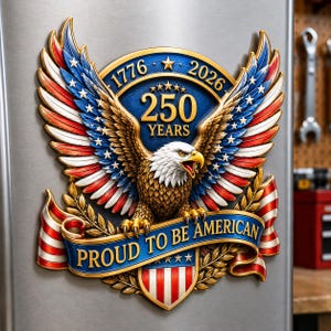 May include: A patriotic emblem featuring a detailed bald eagle with outstretched wings, incorporating the American flag's colors. The design includes the text "1776-2026 250 YEARS" and a banner reading "PROUD TO BE AMERICAN".