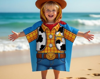 Cowboy Toddler Beach Towel Poncho, Kids Hooded Swim Cover Up, Western Sheriff Bath Robe for Boys, Personalized Summer Vacation Pool Gift