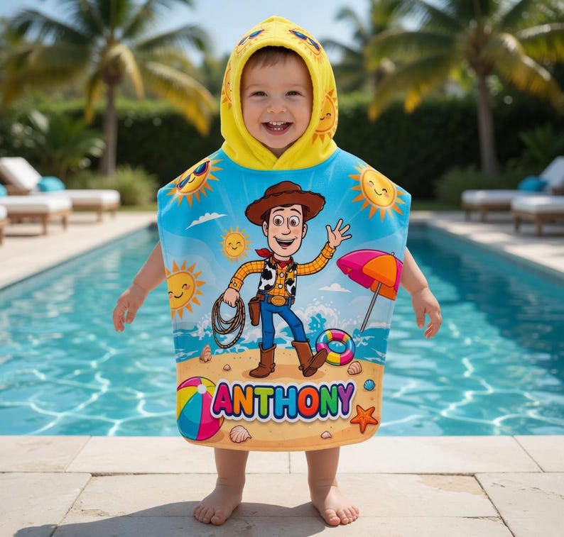 May include: A child wearing a hooded beach towel featuring a cartoon cowboy character, a beach scene, and the name "ANTHONY". The towel is blue with yellow trim and a hood with sun and smiley face designs.