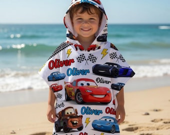 Personalized Lightning McQueen Kids Beach Towel Poncho, Custom Name Disney Cars Hooded Towel for Toddlers, Boys Birthday Gift, Swim Cover Up