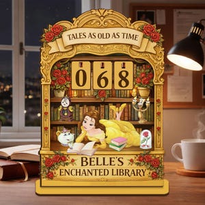 Può includere: Calendario decorativo in legno con Belle de La Bella e la Bestia. Il calendario mostra i numeri "068" e include il testo "TALES AS OLD AS TIME" e "BELLE'S ENCHANTED LIBRARY". Il design incorpora rose, libri e altri personaggi del film.