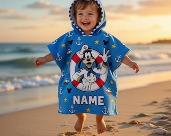 Personalized Mickey Kids Beach Towel Poncho, Custom Disney Cruise Hooded Towel for Toddlers, Embroidered Boy Swim Cover Up, Nautical Gift