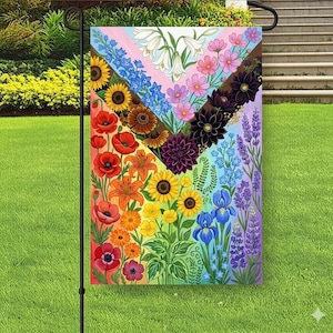 Floral Progress Pride Garden Flag, LGBTQ Rainbow Floral Yard Decor, Inclusive Equality Flag, Colorful Outdoor Pride Month Decoration