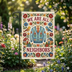 May include: A garden flag with the text "WE ARE ALL NEIGHBORS" surrounded by colorful floral and heart designs. The flag features a blue sweater with a tie, two birds, and two houses, all in a folk art style.
