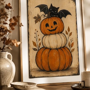 Folk Art Pumpkin Stack Bat Halloween Print (Digital Download)
